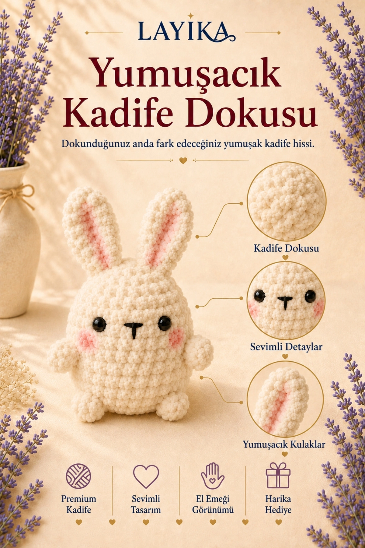 Kadife Marshmallow Tavşan Örgü Kiti – Video Rehberli Amigurumi Yapım Seti M05