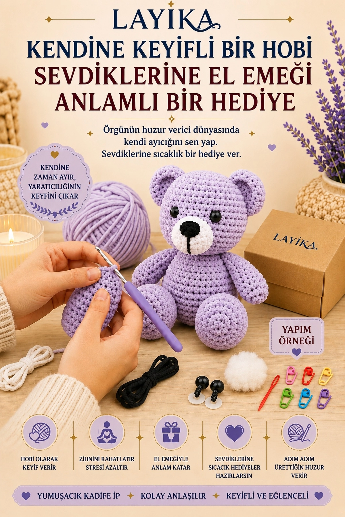 Kadife Ayıcık Örgü Kiti – Başlangıç Seviyesi Dijital Rehberli Amigurumi Yapım Seti Set-A06