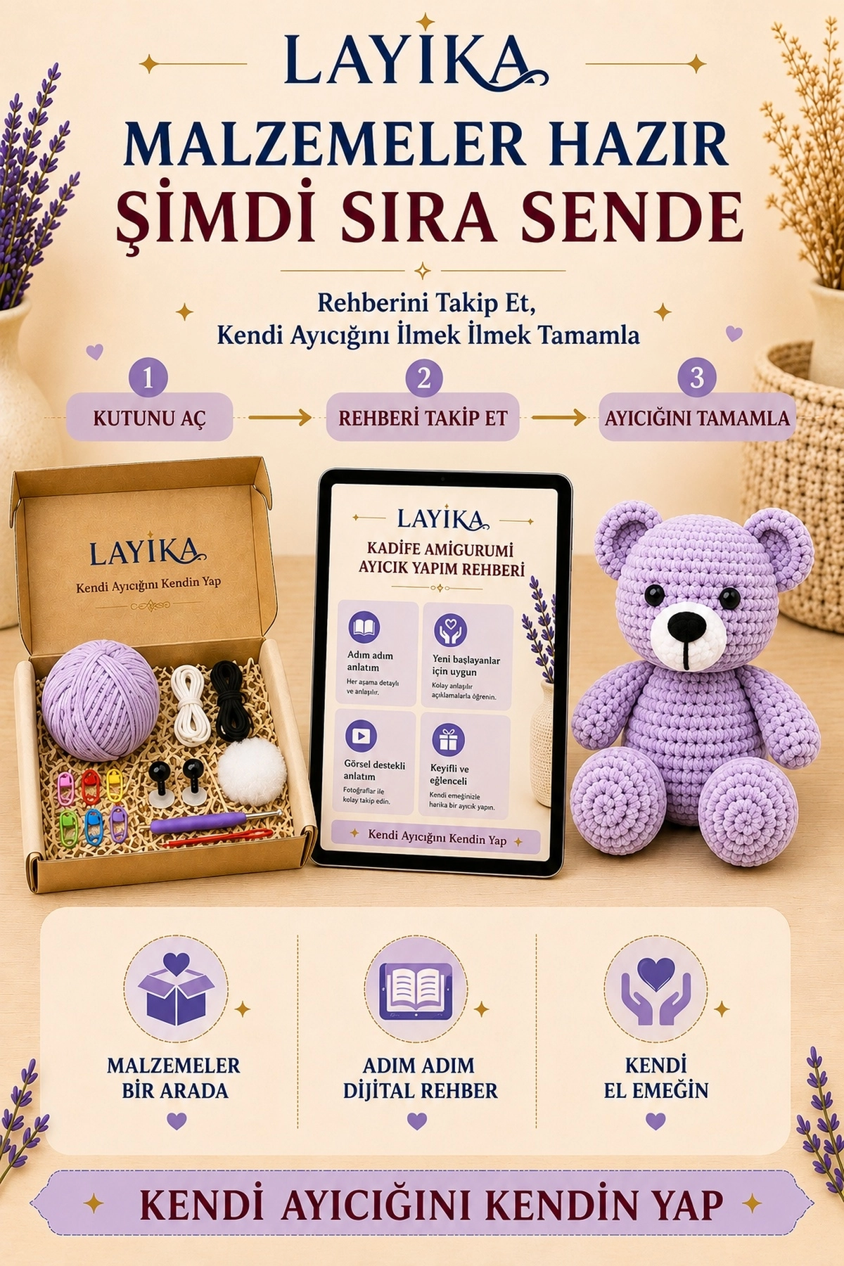 Kadife Ayıcık Örgü Kiti – Başlangıç Seviyesi Dijital Rehberli Amigurumi Yapım Seti Set-A06
