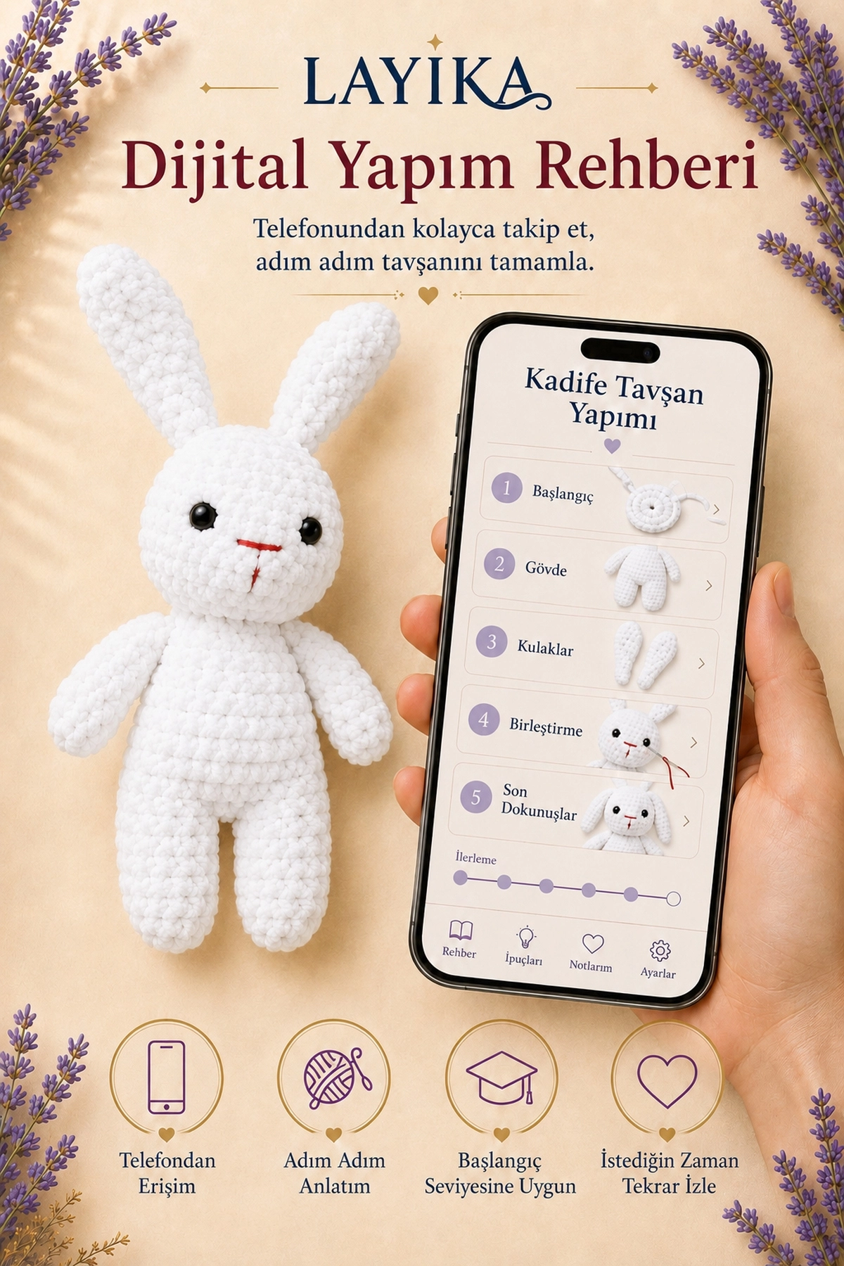 Kadife Tavşan Örgü Kiti - Dijital Rehberli Amigurumi Yapım Seti