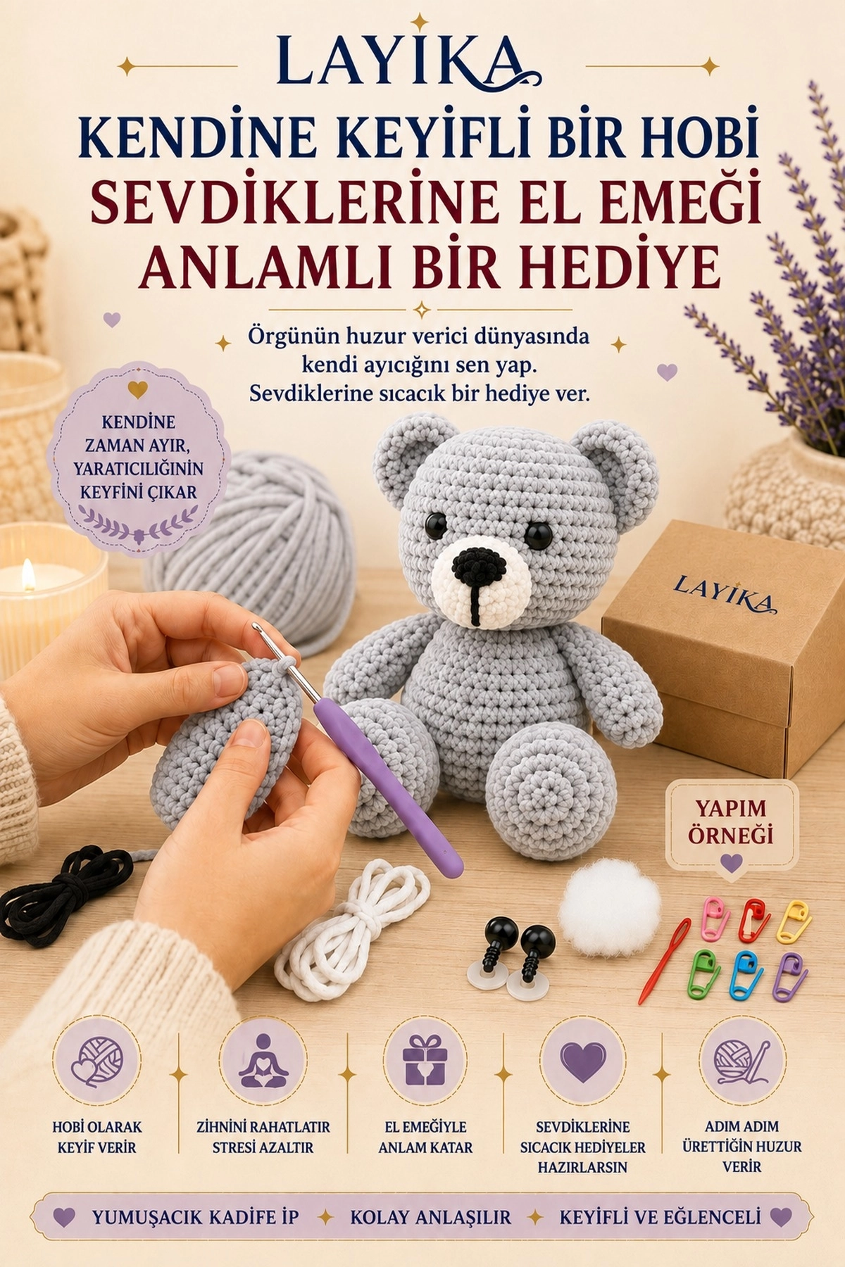 Kadife Ayıcık Örgü Kiti – Başlangıç Seviyesi Dijital Rehberli Amigurumi Yapım Seti Set-A02