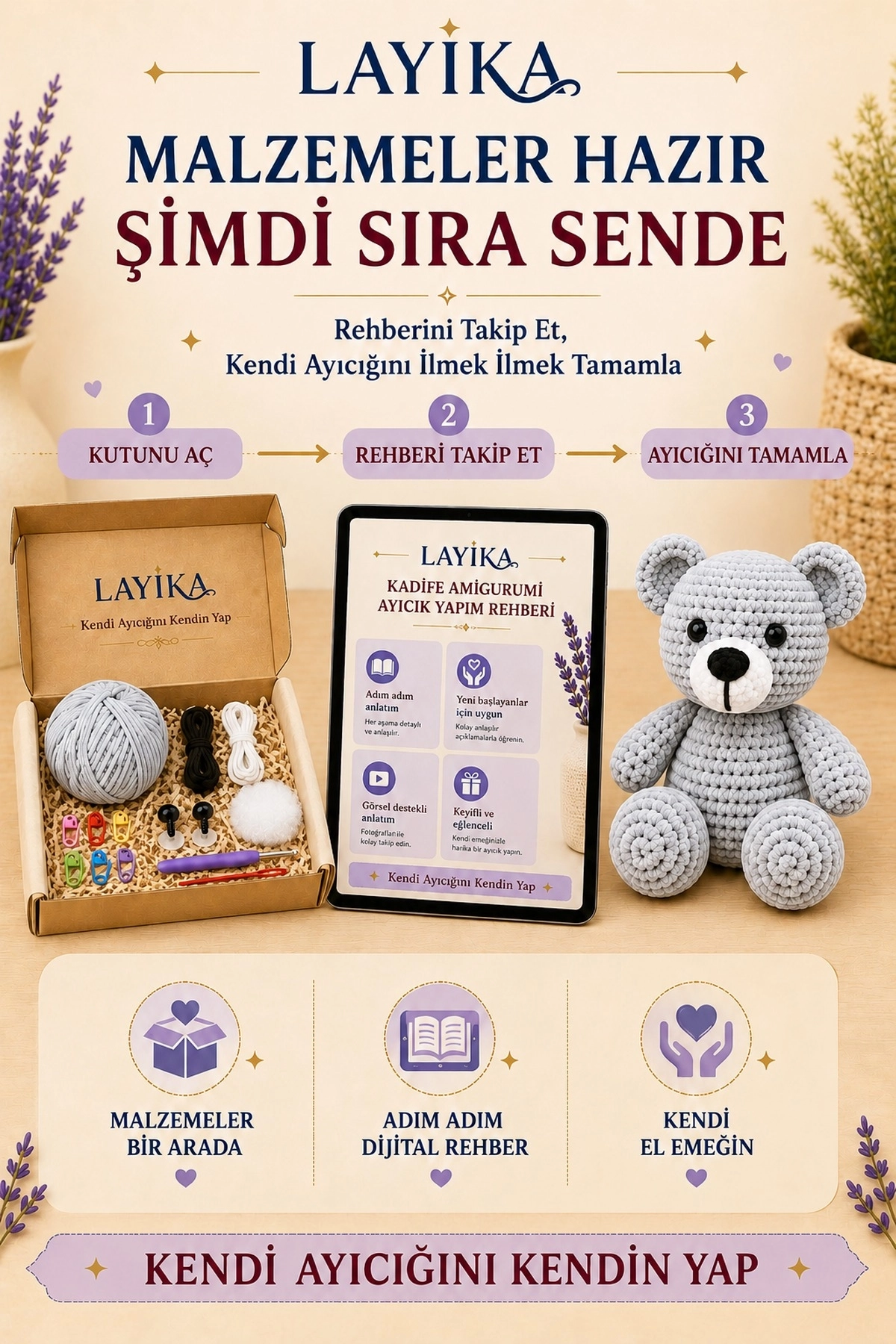 Kadife Ayıcık Örgü Kiti – Başlangıç Seviyesi Dijital Rehberli Amigurumi Yapım Seti Set-A02