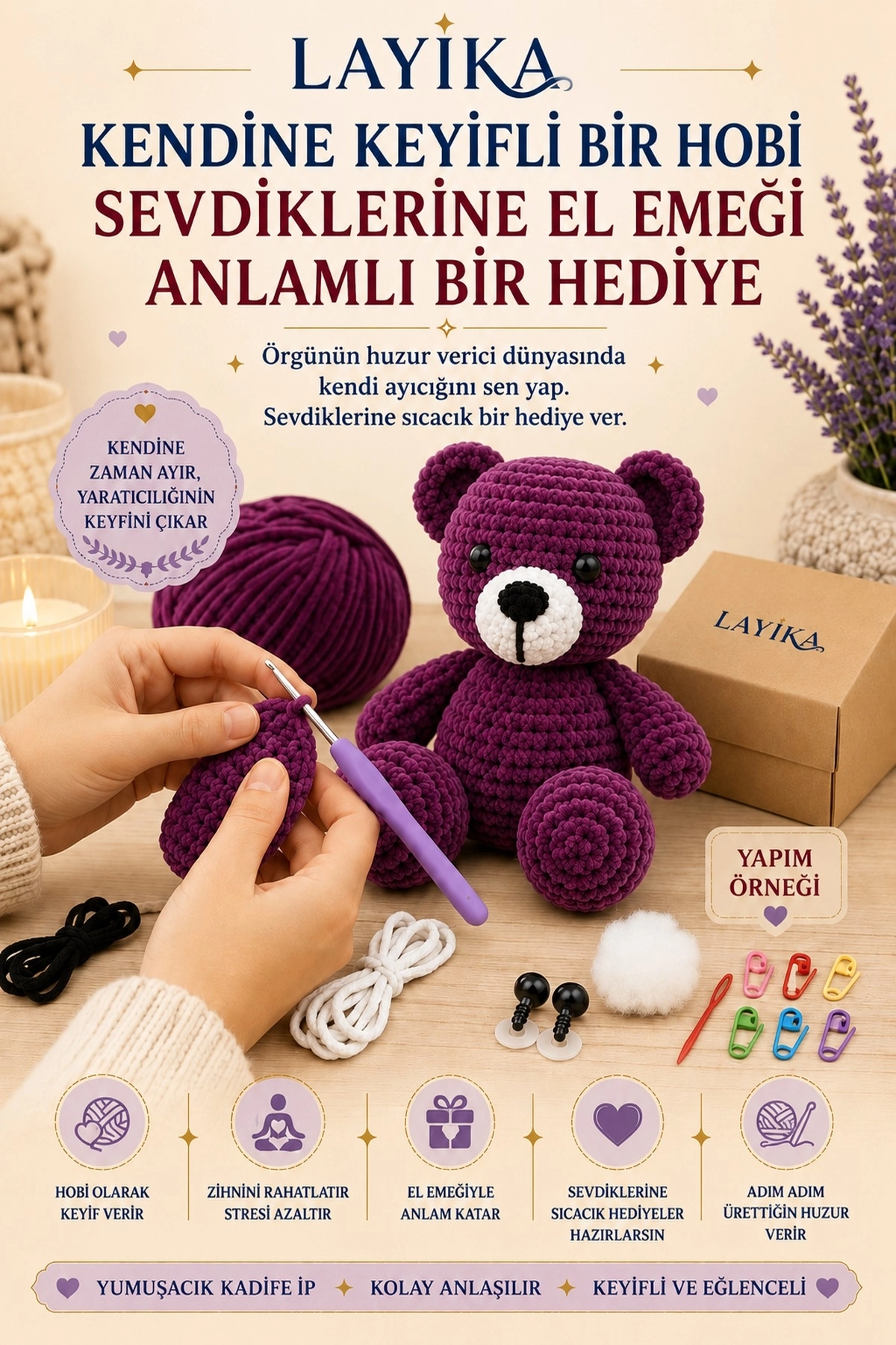 Kadife Ayıcık Örgü Kiti – Başlangıç Seviyesi Dijital Rehberli Amigurumi Yapım Seti Set-A03