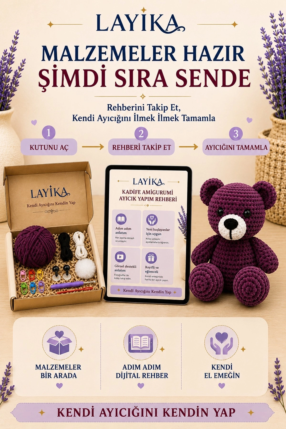 Kadife Ayıcık Örgü Kiti – Başlangıç Seviyesi Dijital Rehberli Amigurumi Yapım Seti Set-A03