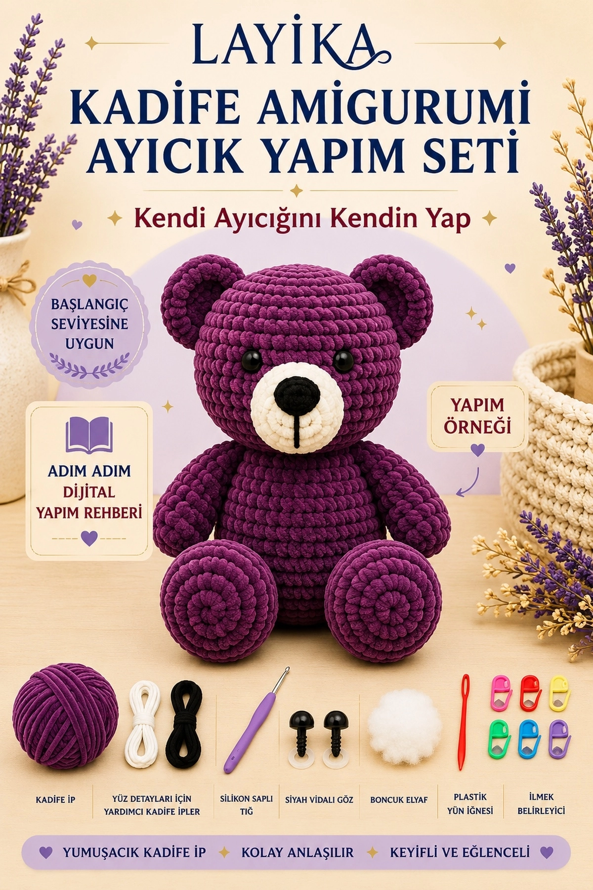 Kadife Ayıcık Örgü Kiti – Başlangıç Seviyesi Dijital Rehberli Amigurumi Yapım Seti Set-A03