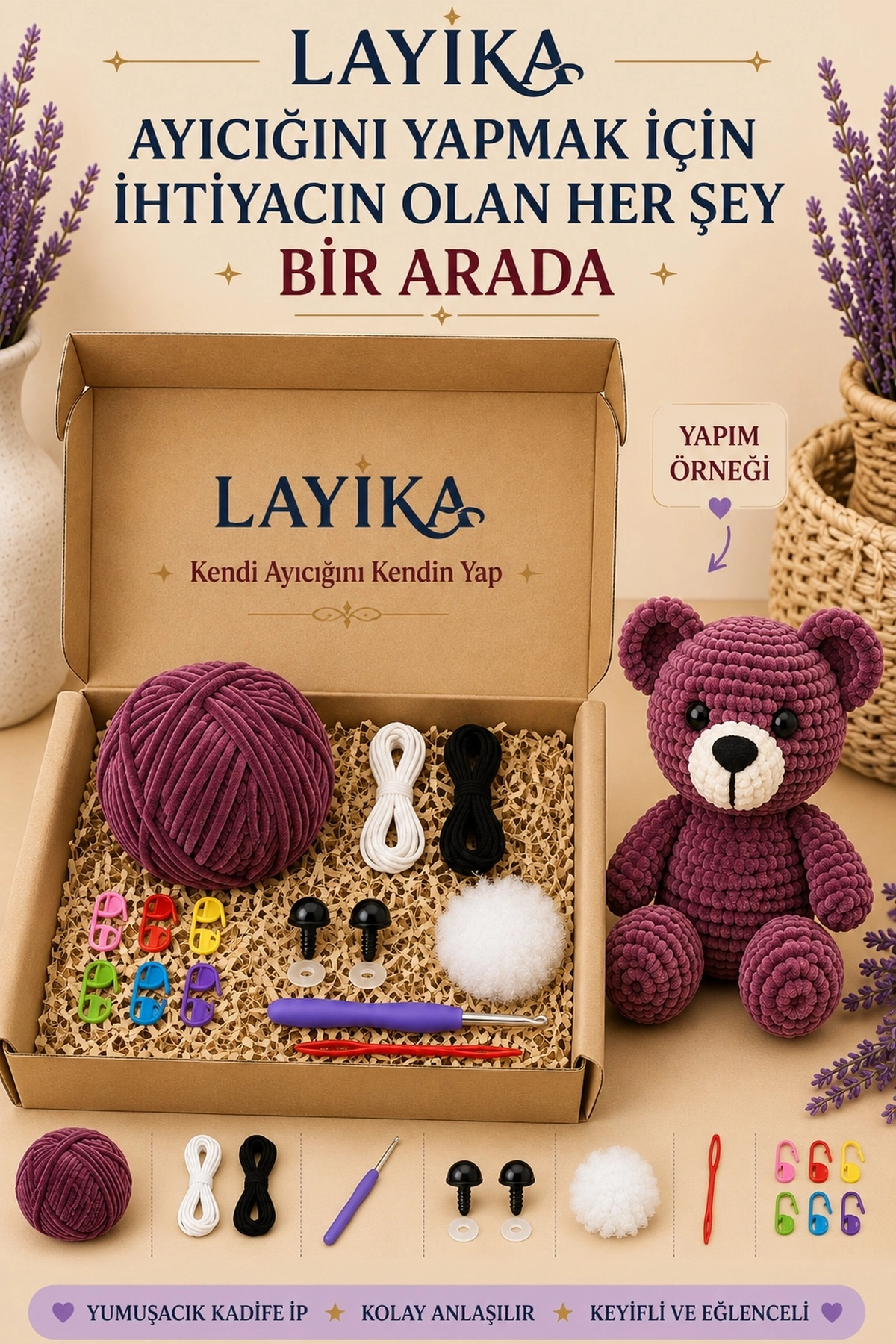 Kadife Ayıcık Örgü Kiti – Başlangıç Seviyesi Dijital Rehberli Amigurumi Yapım Seti Set-A03