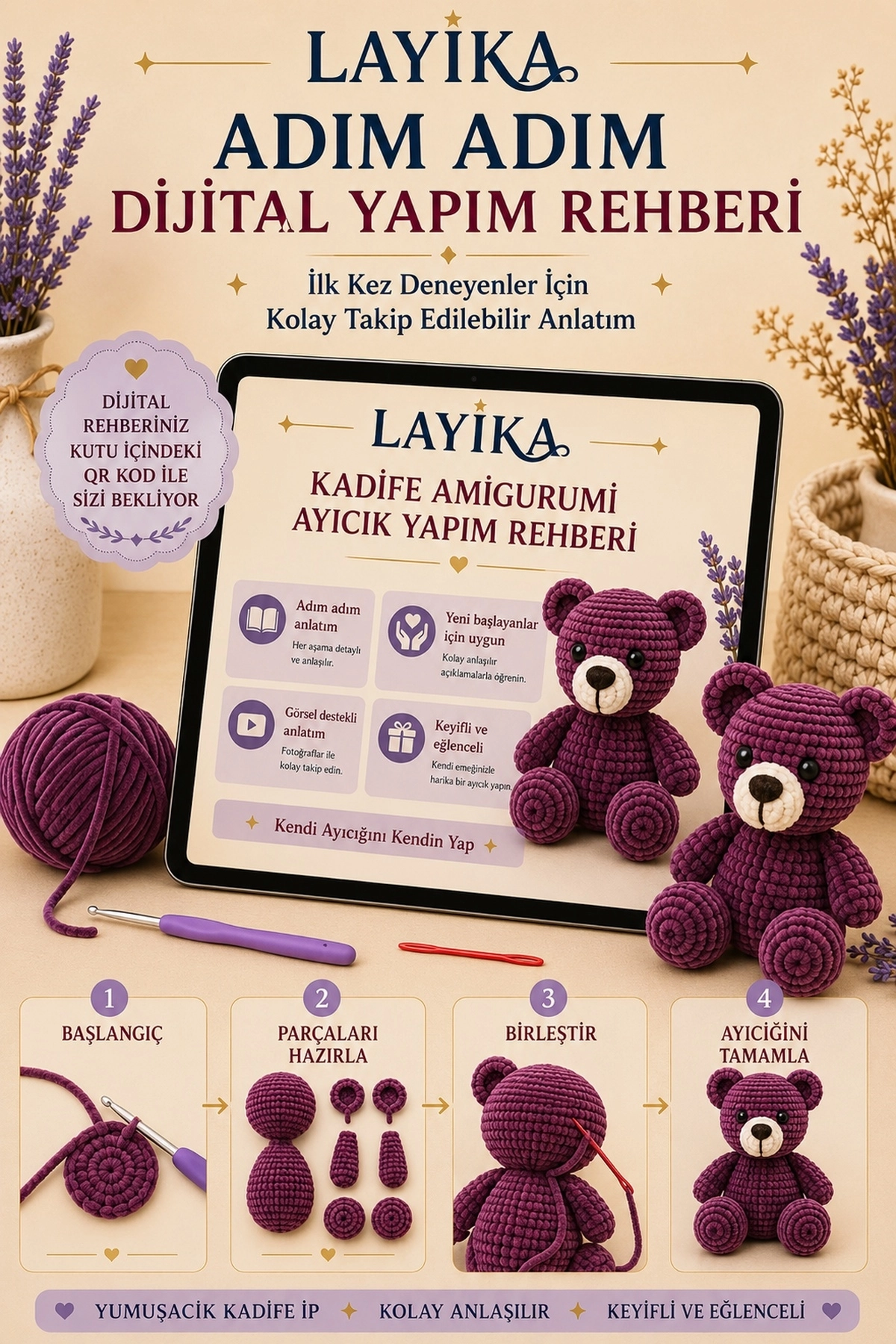 Kadife Ayıcık Örgü Kiti – Başlangıç Seviyesi Dijital Rehberli Amigurumi Yapım Seti Set-A03