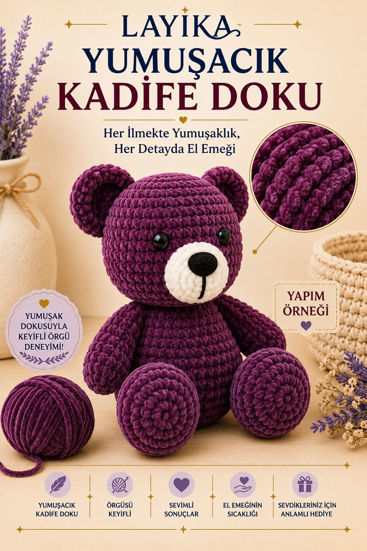 Kadife Ayıcık Örgü Kiti – Başlangıç Seviyesi Dijital Rehberli Amigurumi Yapım Seti Set-A03