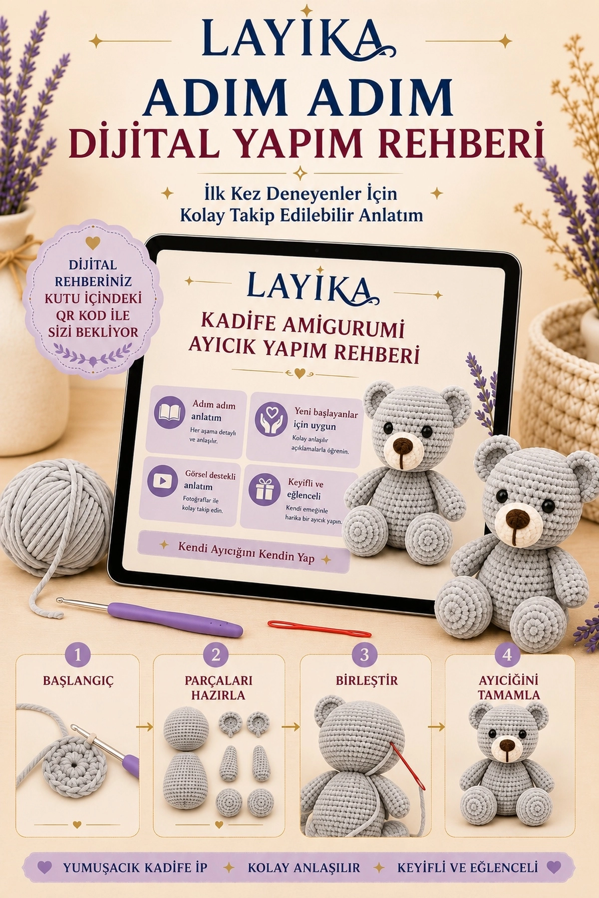 Kadife Ayıcık Örgü Kiti – Başlangıç Seviyesi Dijital Rehberli Amigurumi Yapım Seti Set-A02