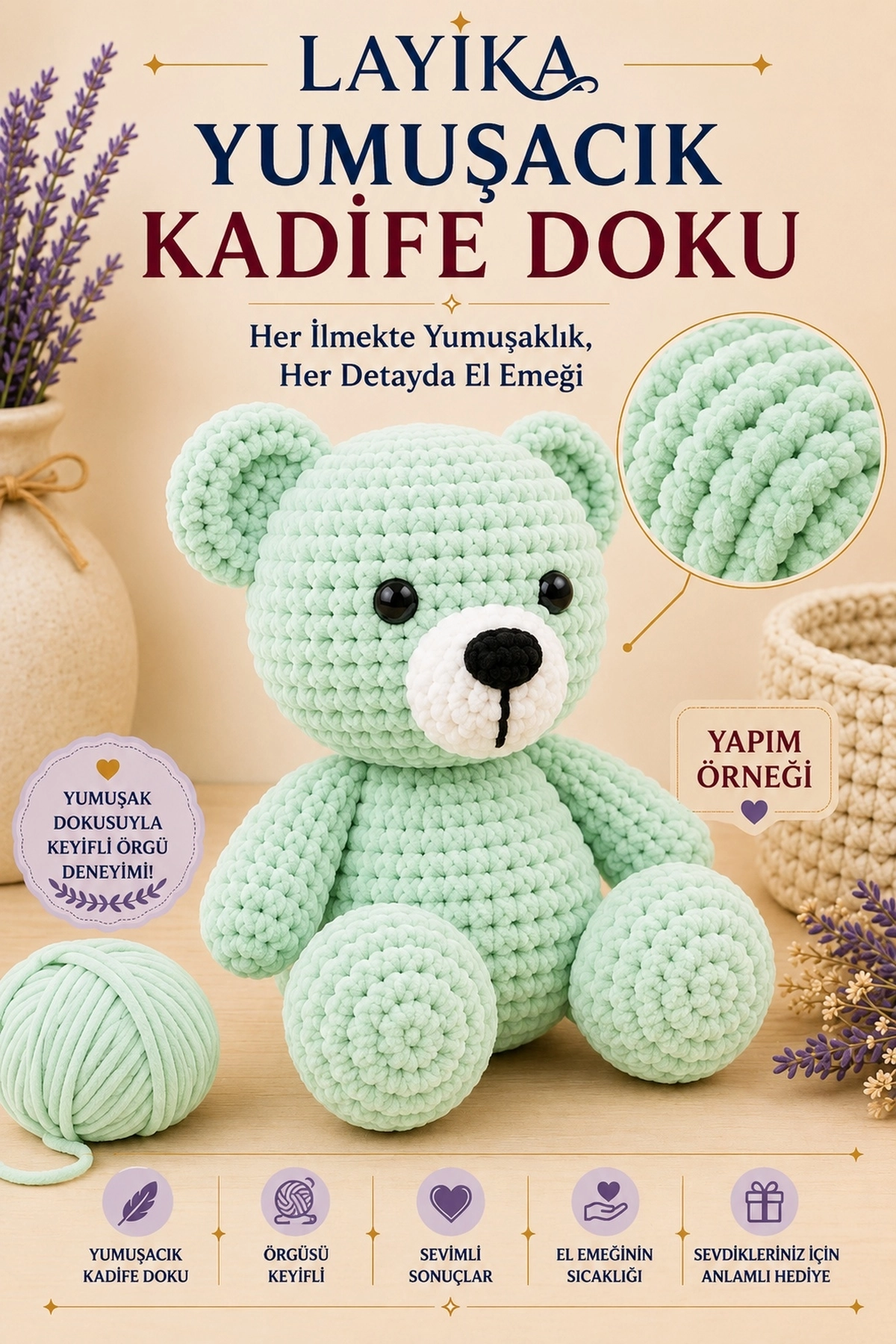 Kadife Ayıcık Örgü Kiti – Başlangıç Seviyesi Dijital Rehberli Amigurumi Yapım Seti Set-A05