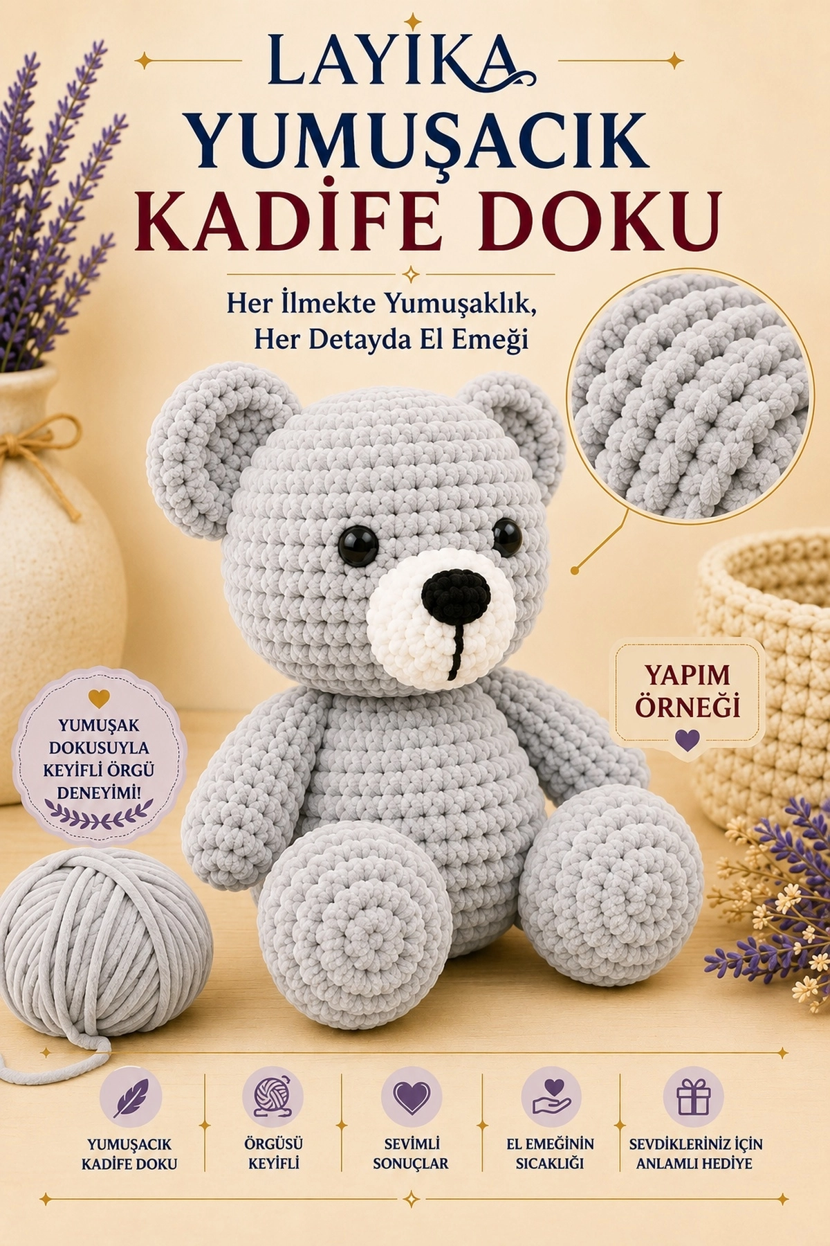Kadife Ayıcık Örgü Kiti – Başlangıç Seviyesi Dijital Rehberli Amigurumi Yapım Seti Set-A02