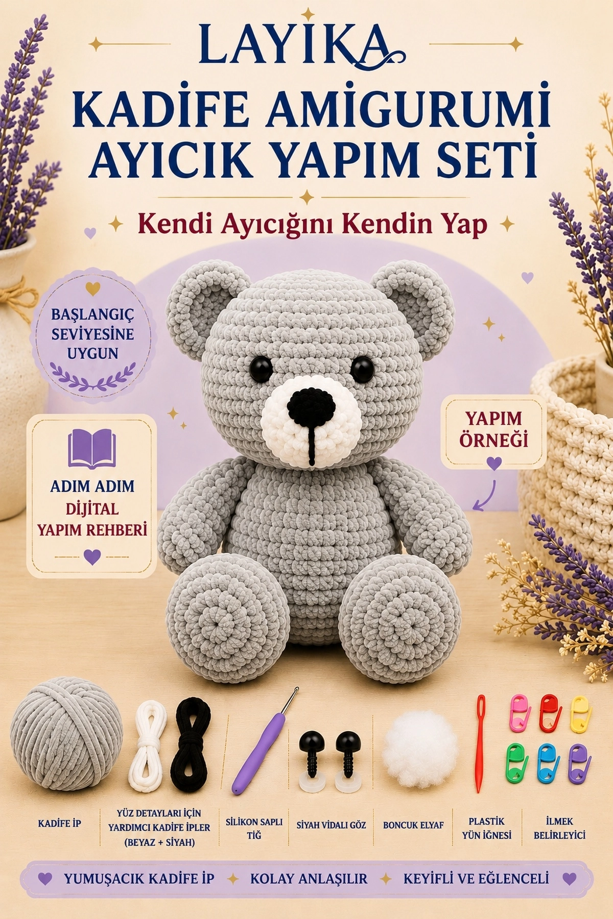 Kadife Ayıcık Örgü Kiti – Başlangıç Seviyesi Dijital Rehberli Amigurumi Yapım Seti Set-A02