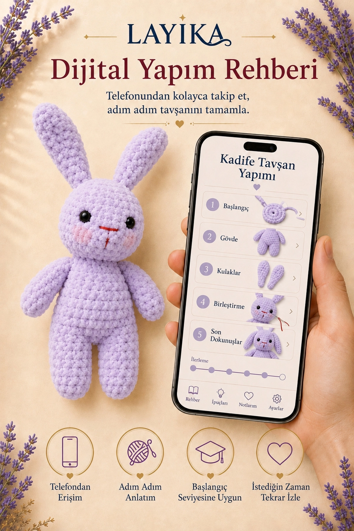 Kadife Tavşan Örgü Kiti - Dijital Rehberli Amigurumi Yapım Seti