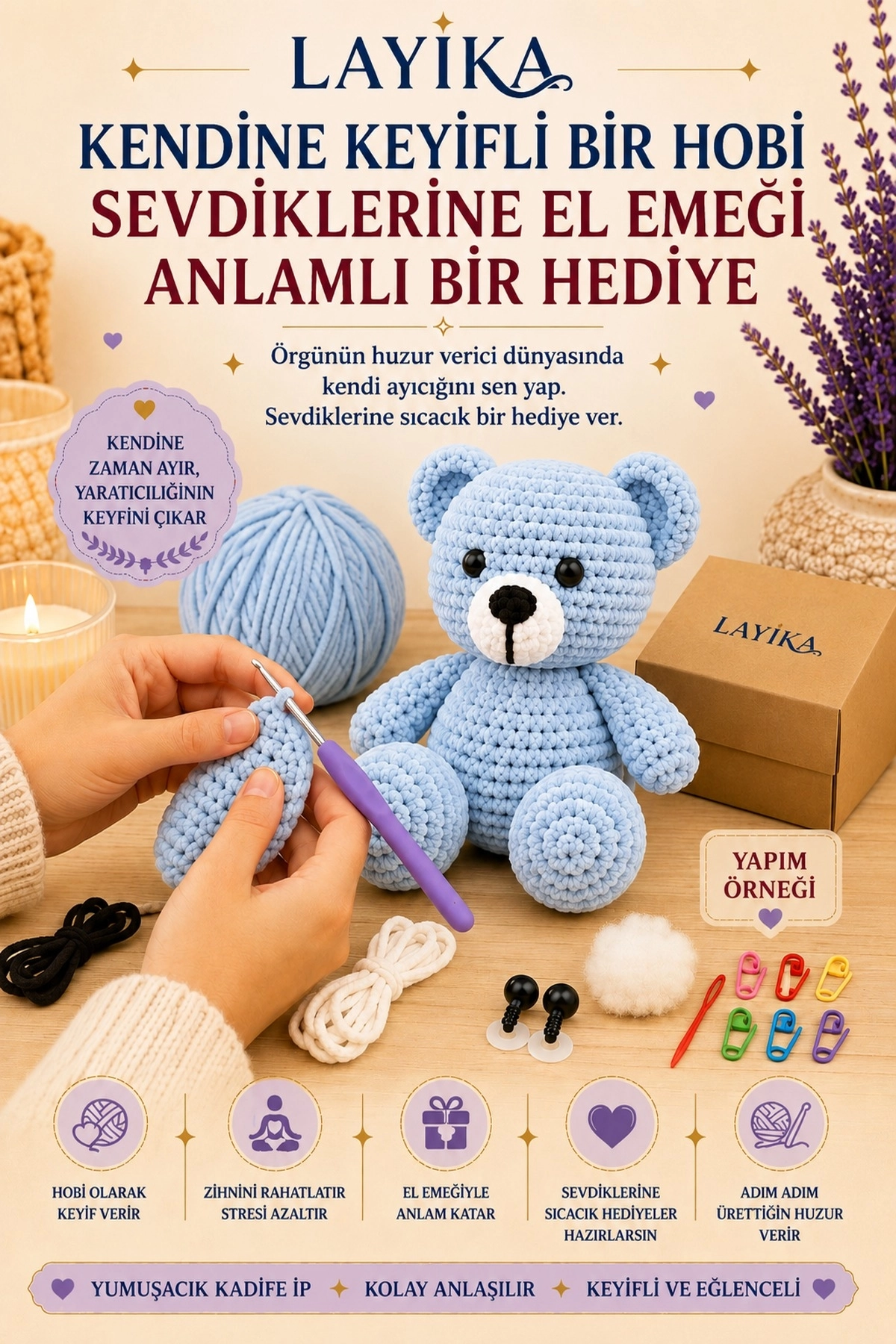 Kadife Ayıcık Örgü Kiti – Başlangıç Seviyesi Dijital Rehberli Amigurumi Yapım Seti Set-A04