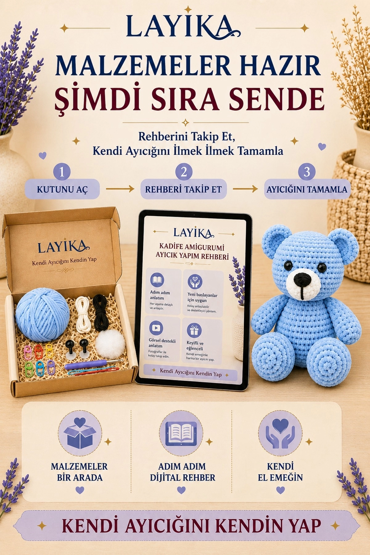Kadife Ayıcık Örgü Kiti – Başlangıç Seviyesi Dijital Rehberli Amigurumi Yapım Seti Set-A04