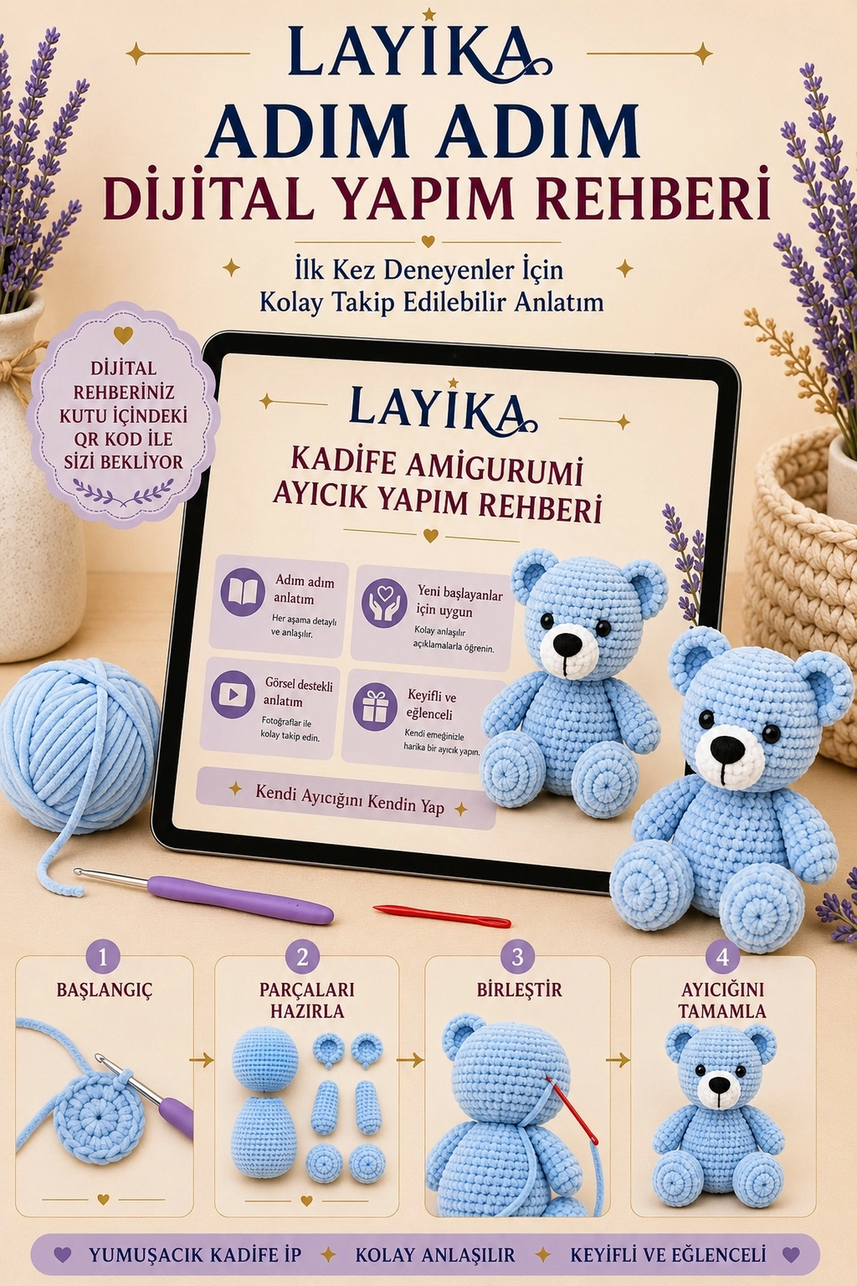 Kadife Ayıcık Örgü Kiti – Başlangıç Seviyesi Dijital Rehberli Amigurumi Yapım Seti Set-A04