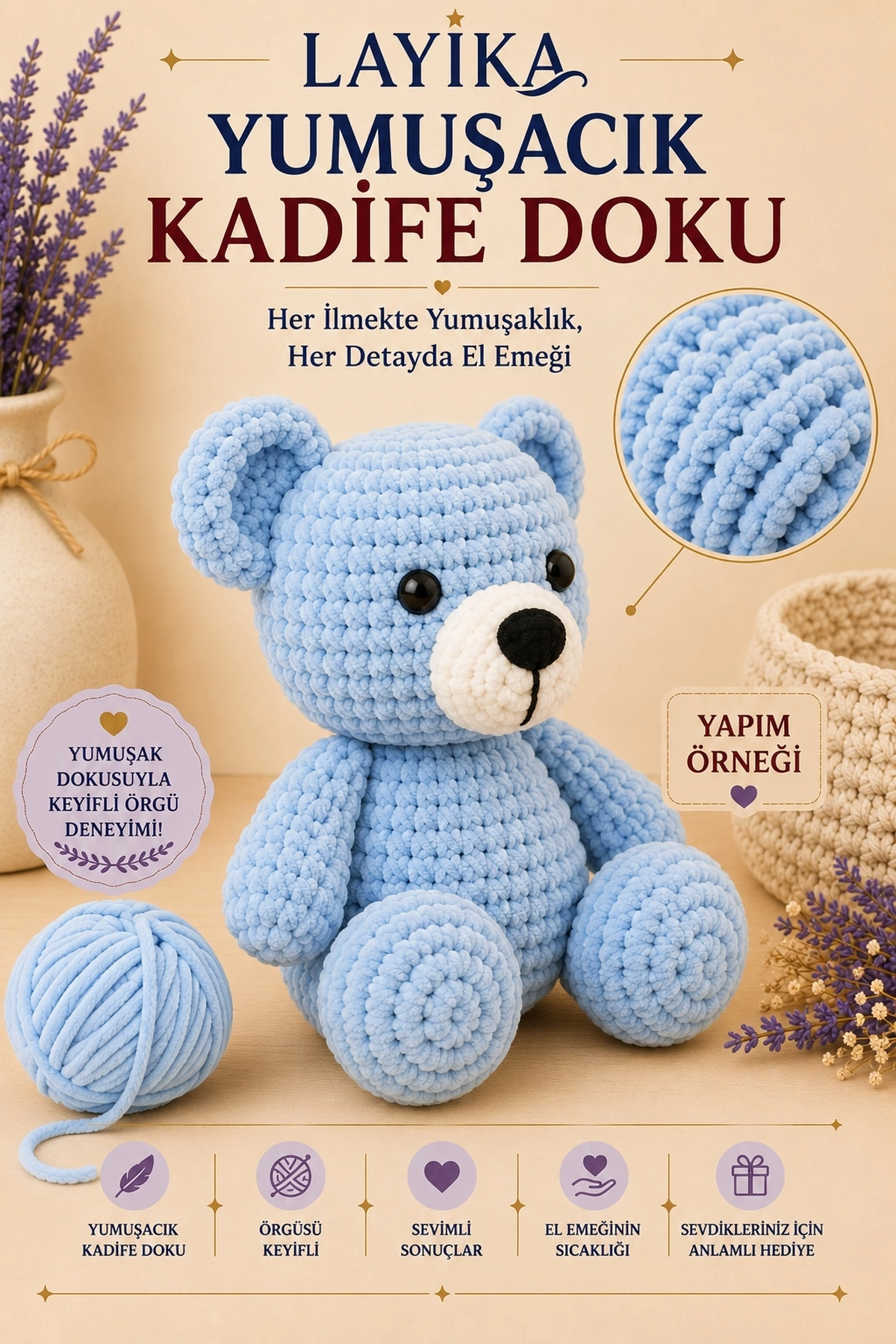 Kadife Ayıcık Örgü Kiti – Başlangıç Seviyesi Dijital Rehberli Amigurumi Yapım Seti Set-A04