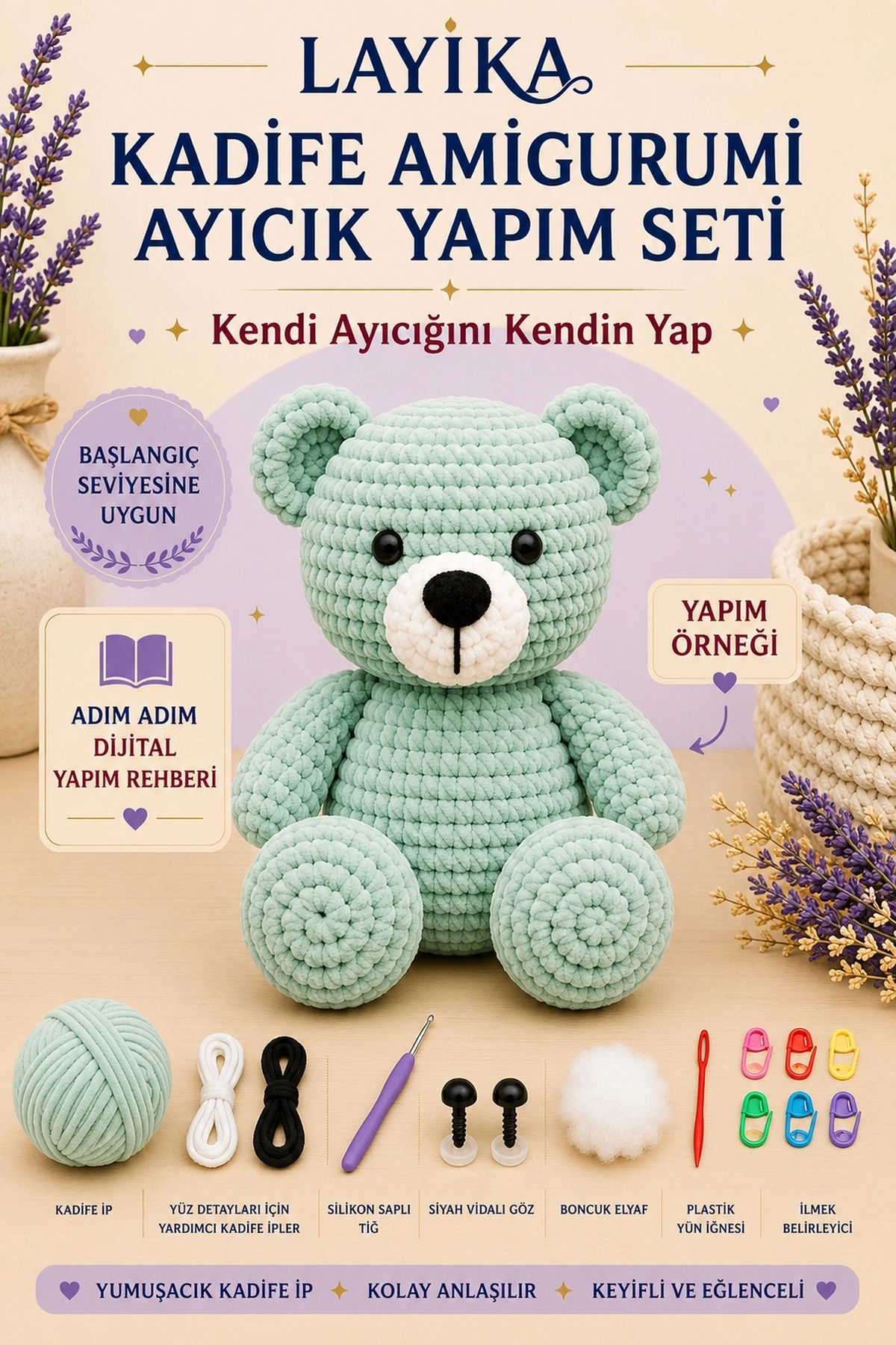 Kadife Ayıcık Örgü Kiti – Başlangıç Seviyesi Dijital Rehberli Amigurumi Yapım Seti Set-A05