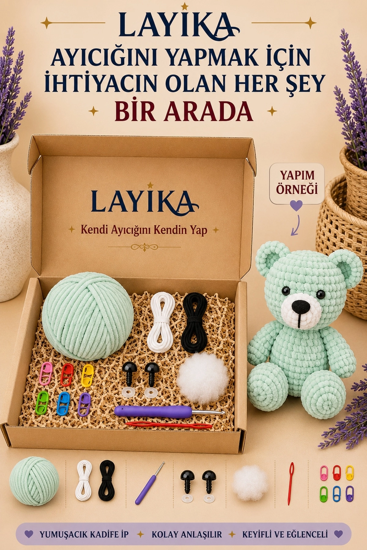 Kadife Ayıcık Örgü Kiti – Başlangıç Seviyesi Dijital Rehberli Amigurumi Yapım Seti Set-A05