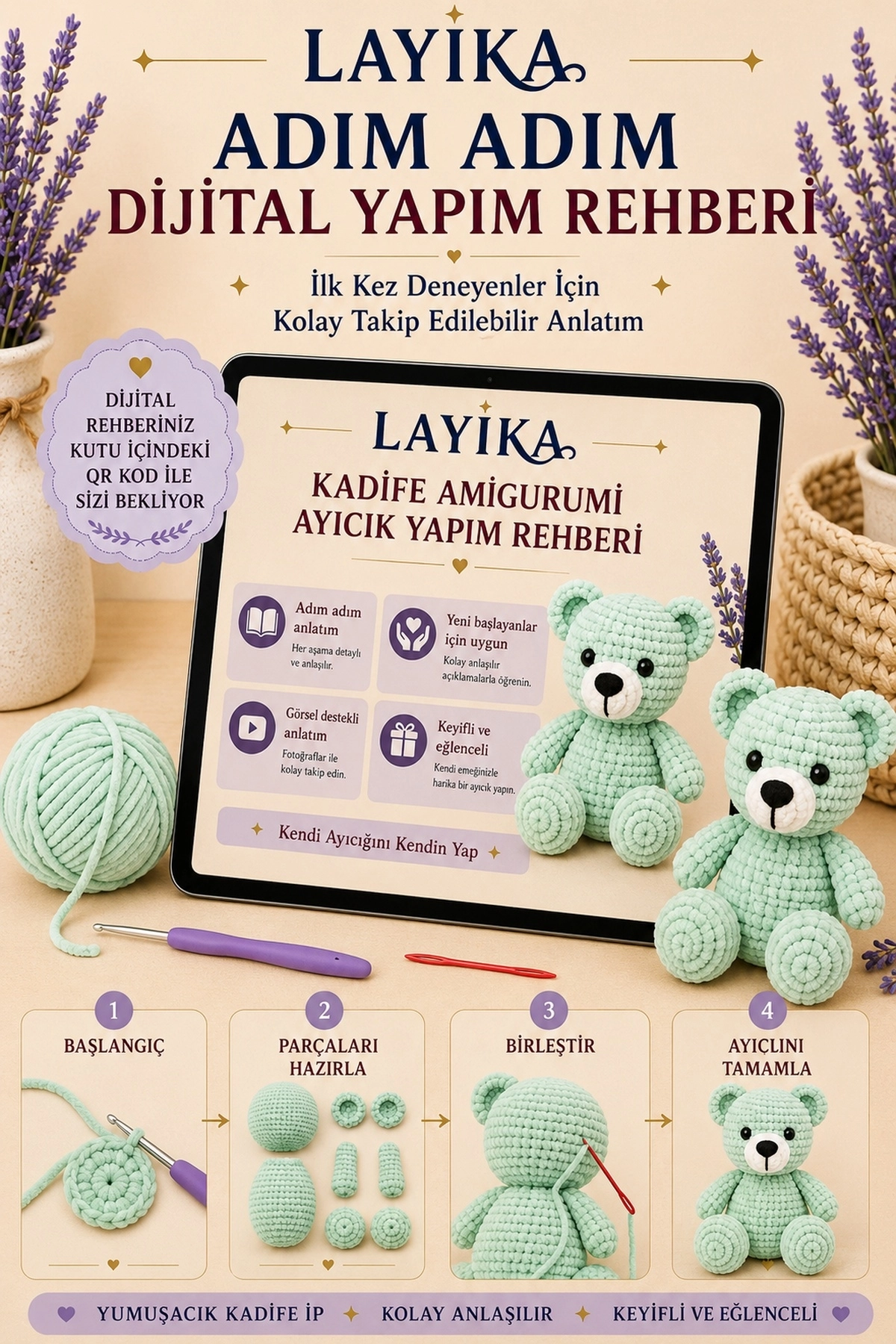 Kadife Ayıcık Örgü Kiti – Başlangıç Seviyesi Dijital Rehberli Amigurumi Yapım Seti Set-A05
