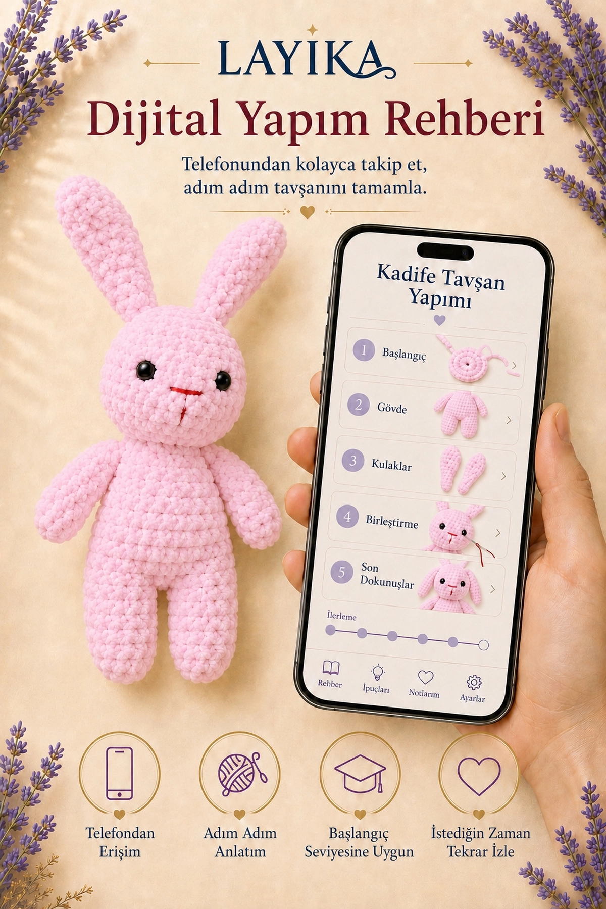 Kadife Tavşan Örgü Kiti - Dijital Rehberli Amigurumi Yapım Seti