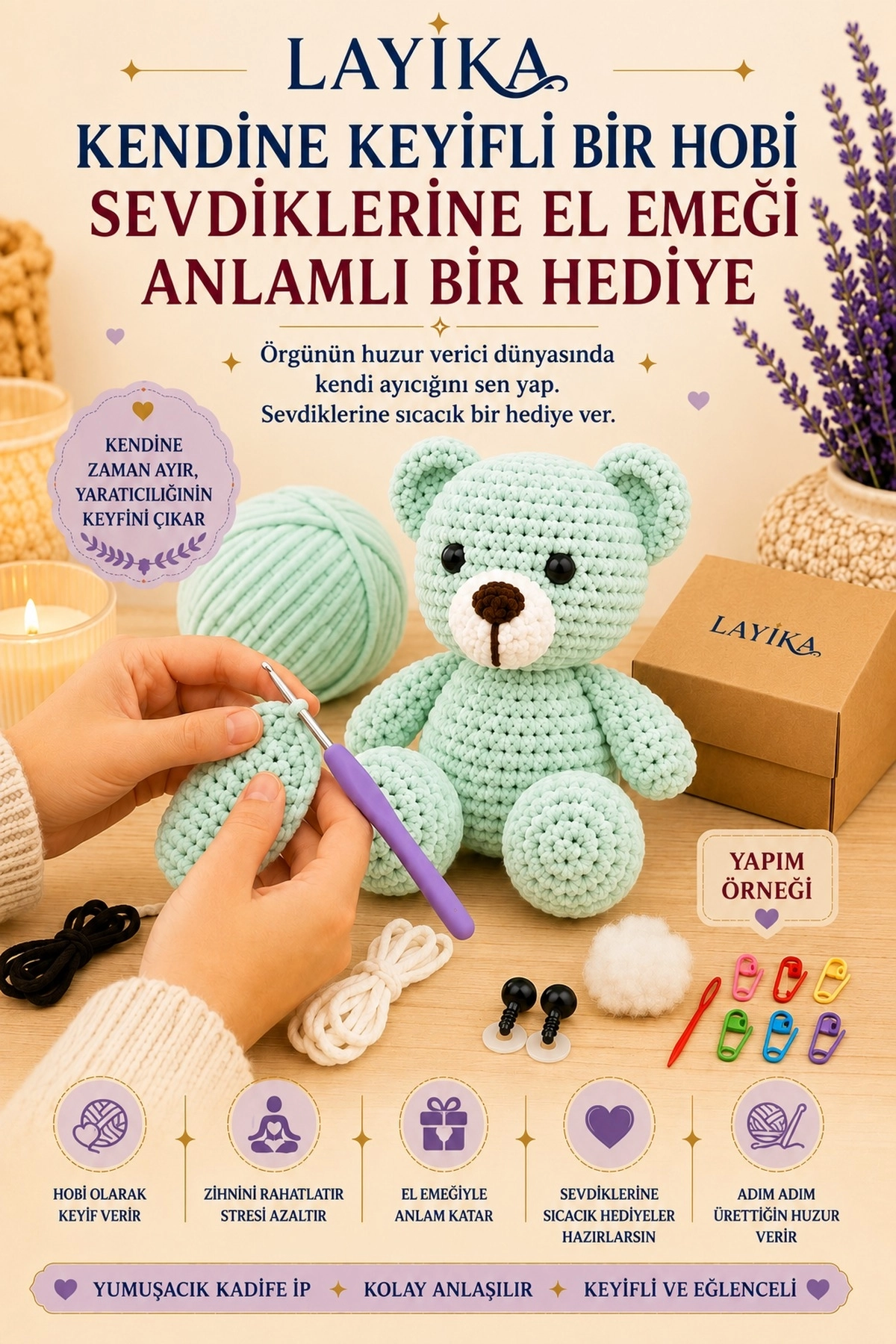 Kadife Ayıcık Örgü Kiti – Başlangıç Seviyesi Dijital Rehberli Amigurumi Yapım Seti Set-A05