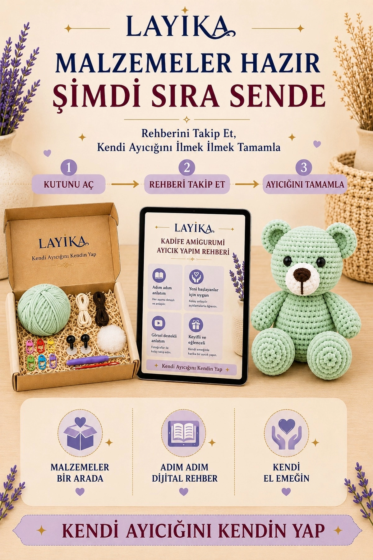 Kadife Ayıcık Örgü Kiti – Başlangıç Seviyesi Dijital Rehberli Amigurumi Yapım Seti Set-A05