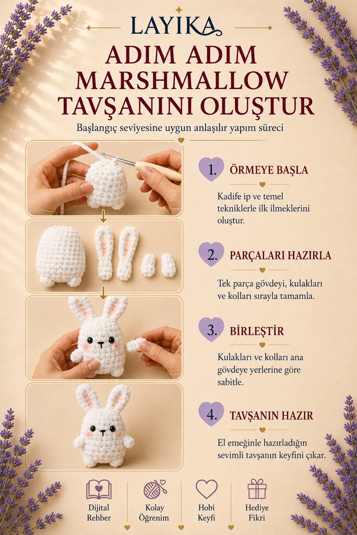 Kadife Marshmallow Tavşan Örgü Kiti – Video Rehberli Amigurumi Yapım Seti M01