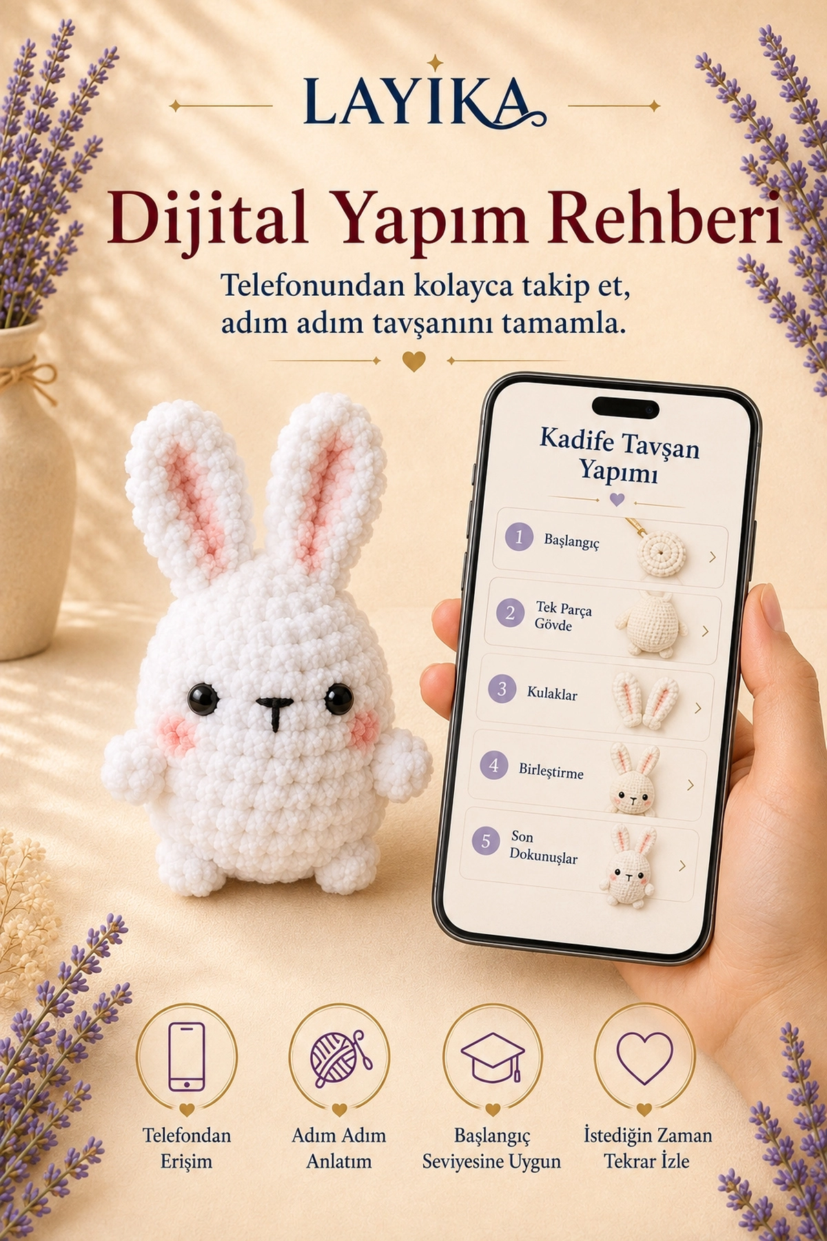 Kadife Marshmallow Tavşan Örgü Kiti – Video Rehberli Amigurumi Yapım Seti M01