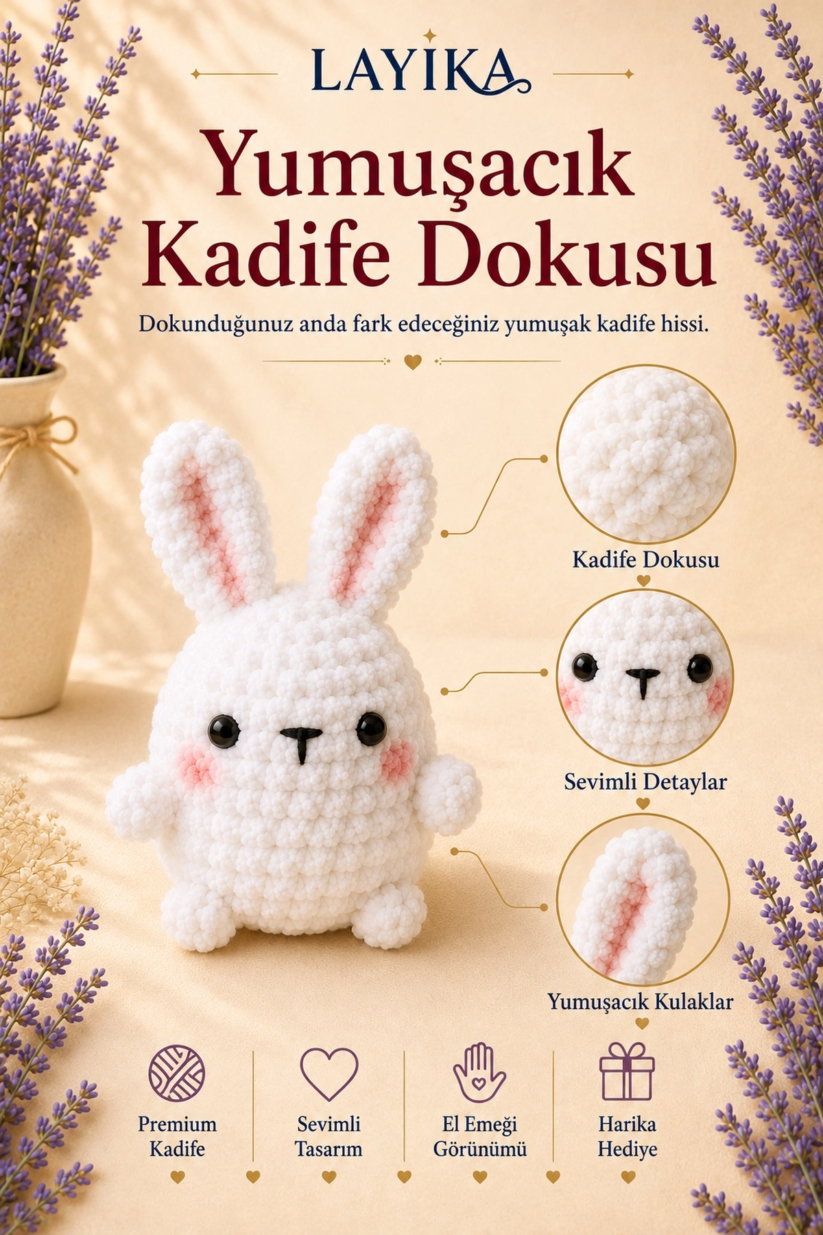 Kadife Marshmallow Tavşan Örgü Kiti – Video Rehberli Amigurumi Yapım Seti M01