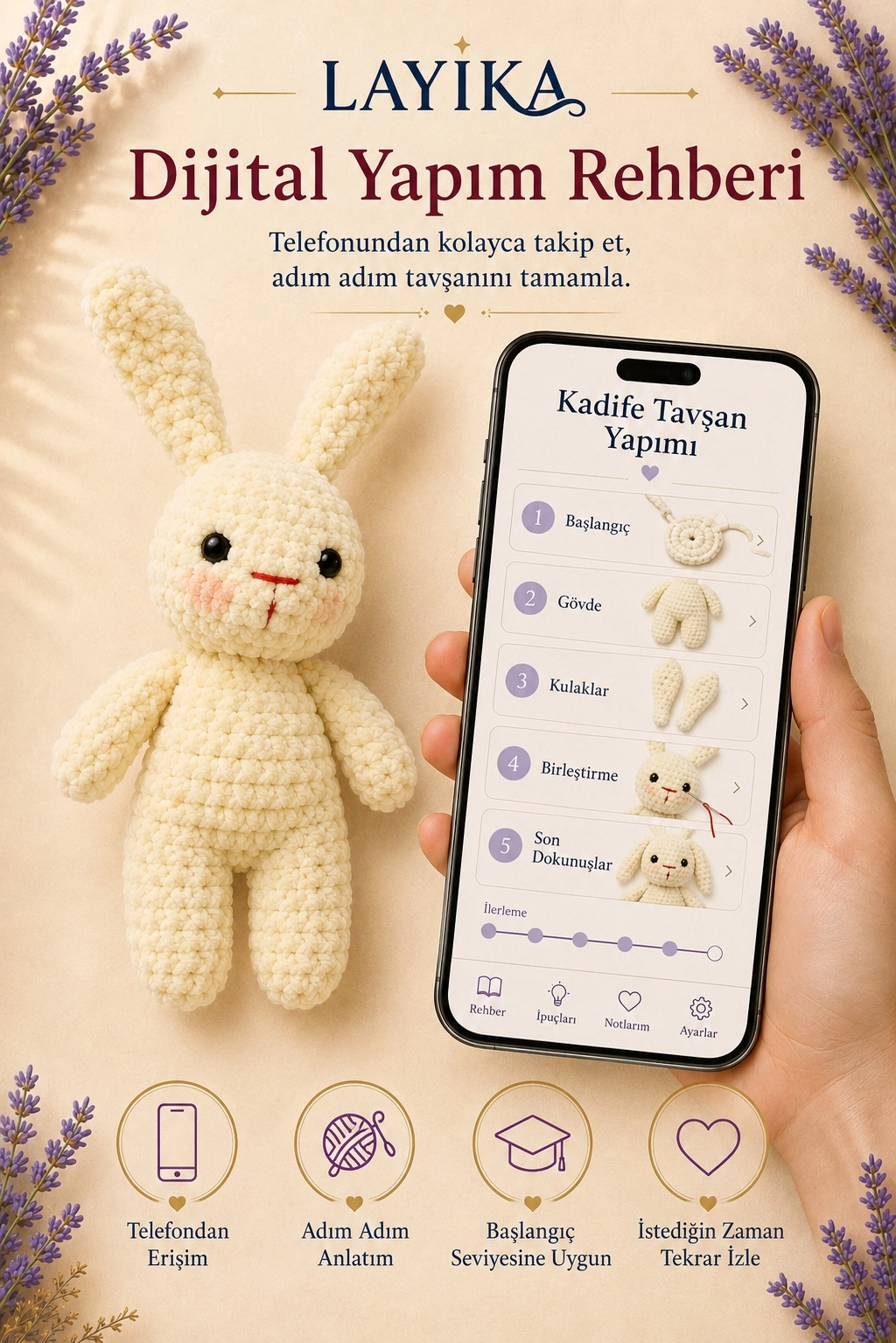 Kadife Tavşan Örgü Kiti - Dijital Rehberli Amigurumi Yapım Seti